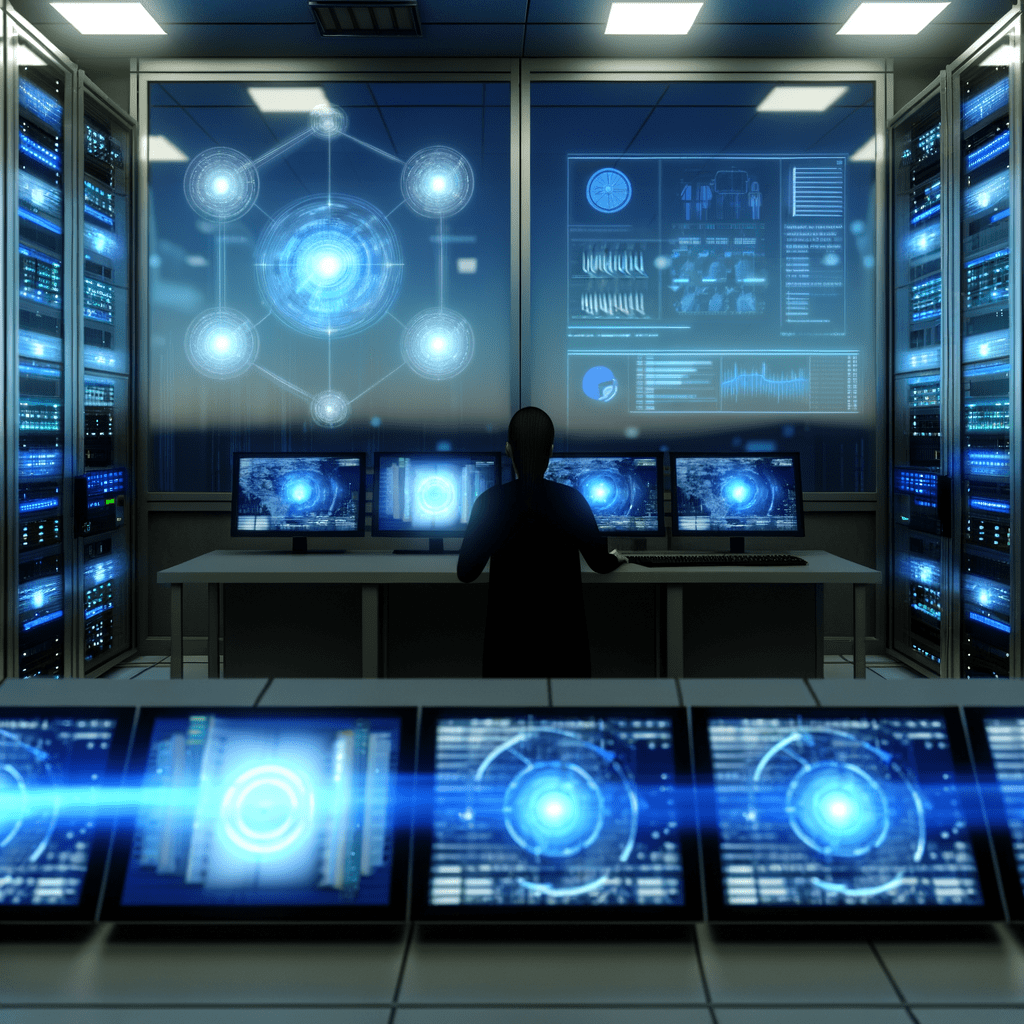 Sala de controle futurista com telas exibindo análises de cibersegurança, profissional monitorando dados e servidor seguro ao fundo.