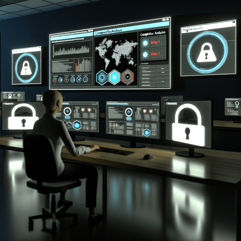 Analista monitorando espionagem de anúncios no Meta ADS com gráficos e alertas em tela em ambiente tecnológico.