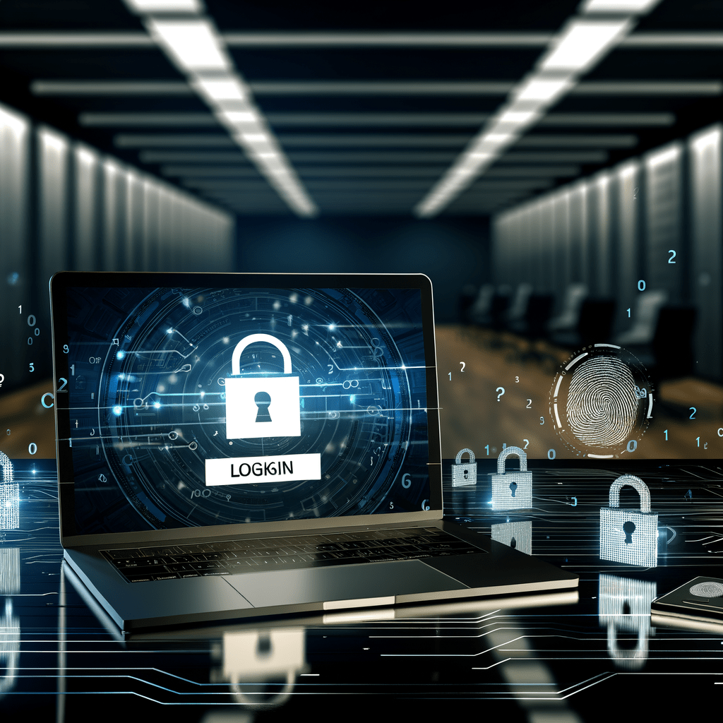 Tela de login seguro em laptop com ícones de criptografia e scanner biométrico, destacando espionagem de anúncios no Meta ADS.