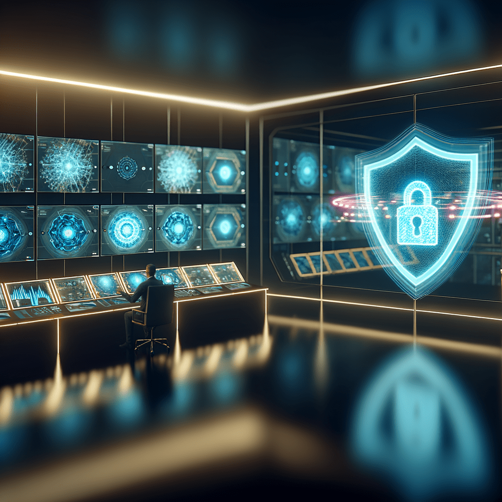 Sala de controle futurista com monitores exibindo dados de espionagem de anúncios e gráfico de IA, destacando segurança no Meta ADS.