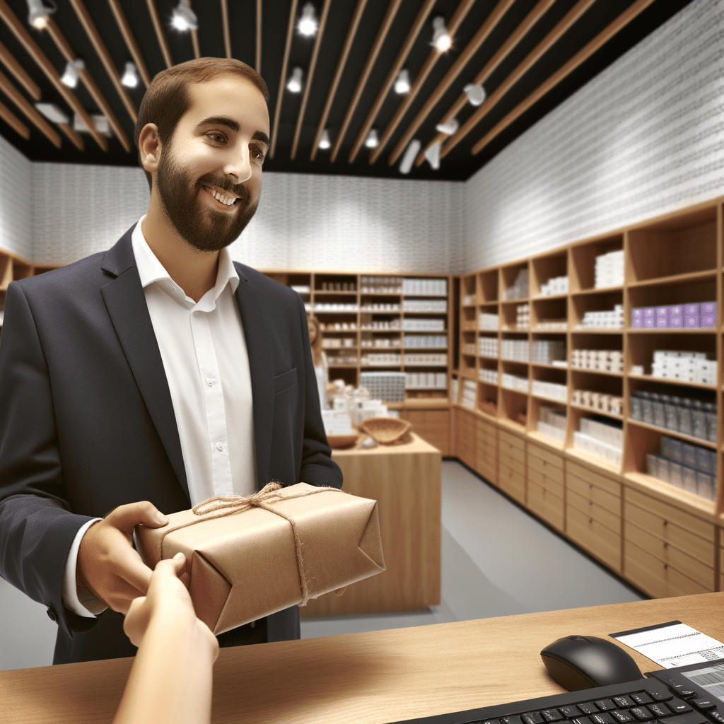 Loja confiável com vendedor entregando pacote ao cliente, destacando cartão de fidelidade no balcão e produtos organizados em prateleiras.