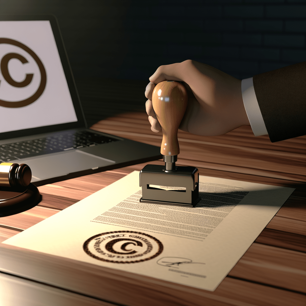 Mão carimba documento oficial em mesa com martelo jurídico, símbolo de copyright e laptop exibindo página do Mercado Livre.