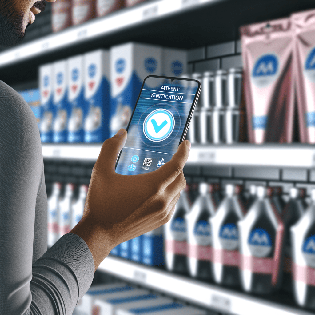 Consumidor verifica autenticidade de produto em loja usando app de verificação no smartphone, cercado por itens originais.