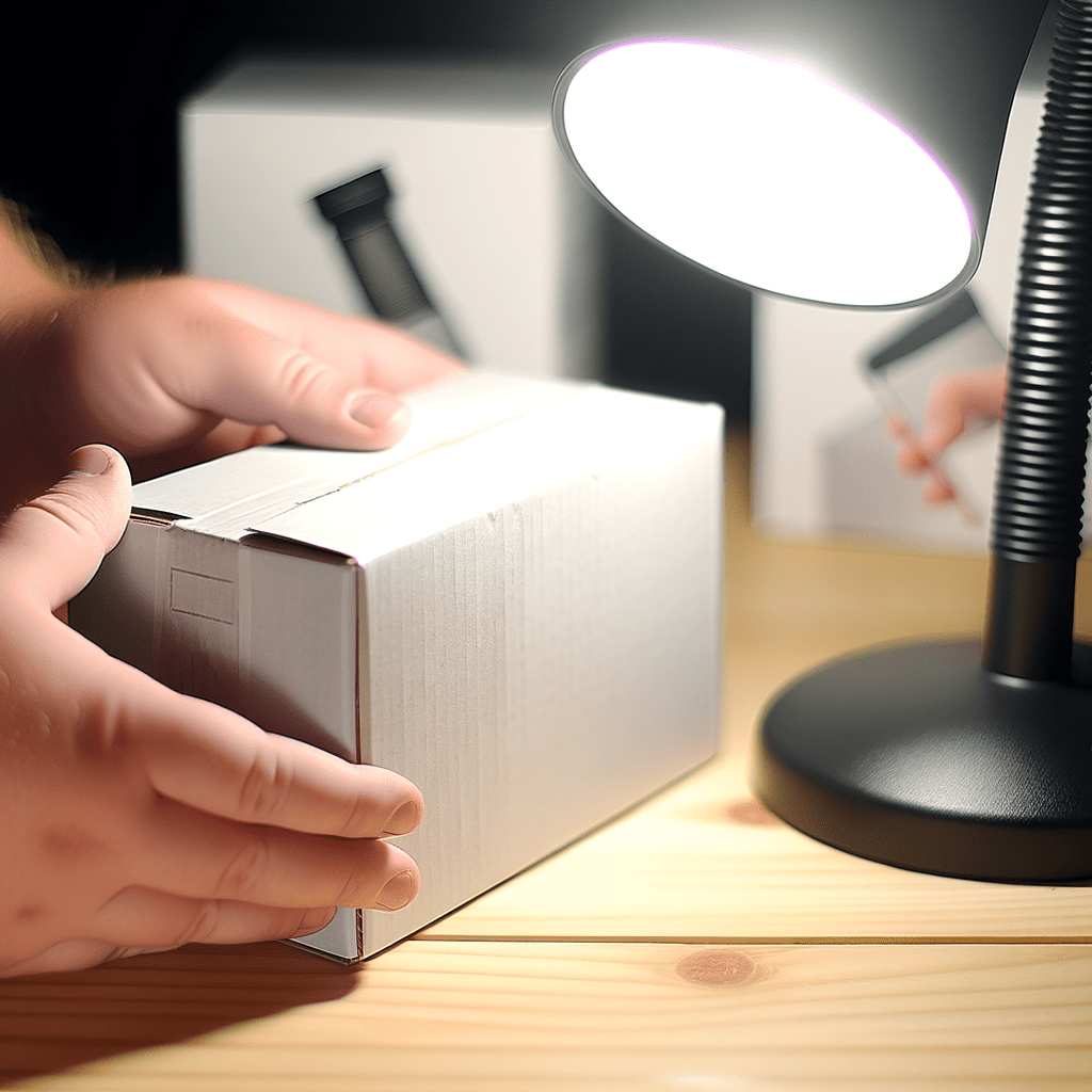 Mãos analisando embalagem com logo mal impresso, destacando sinais de falsificação sob luz intensa, produtos originais ao fundo.