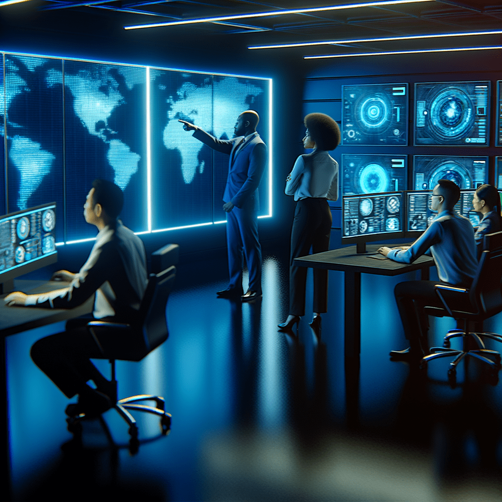Equipe de segurança cibernética analisando ameaças digitais em telas brilhantes, destacando colaboração e estratégias de takedown.