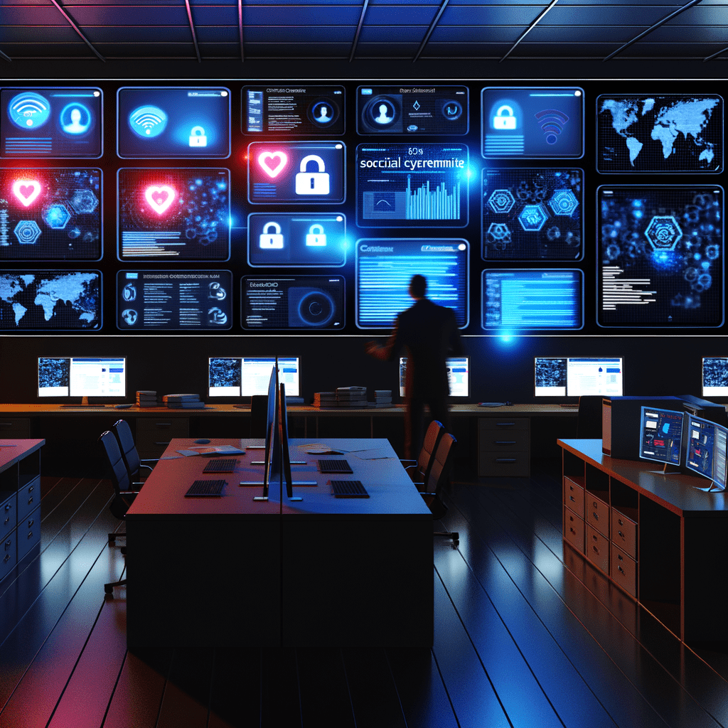 Profissional monitorando telas com alertas de cibersegurança e análises de dados em ambiente moderno e dinâmico, destacando vigilância digital.