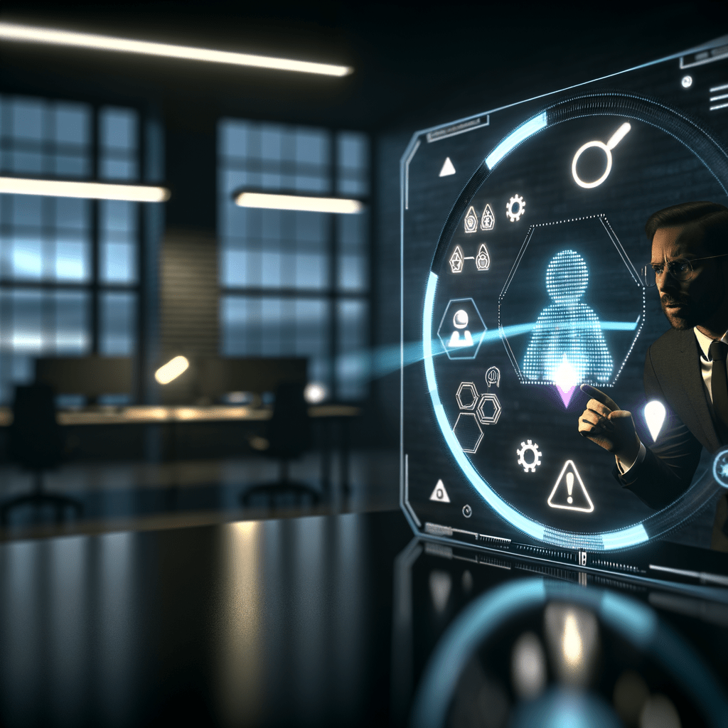 Profissional em escritório moderno analisando holograma com alertas e dados, destacando monitoramento proativo contra ameaças.