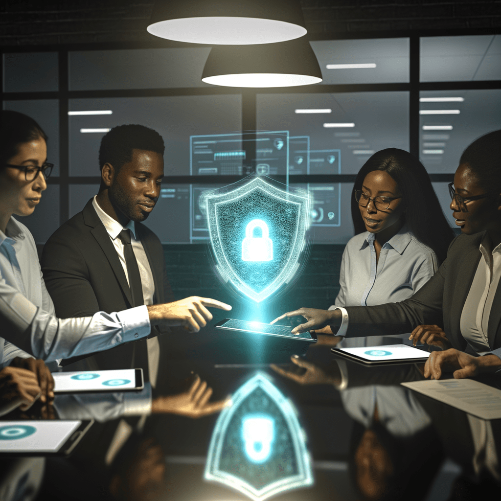 Equipe diversa em escritório moderno analisando holograma de escudo digital, representando segurança cibernética e colaboração tecnológica.
