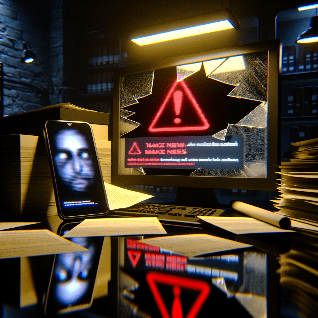 Tela de computador quebrada com símbolo de alerta, smartphone exibindo fake news e documentos espalhados em escritório escuro.