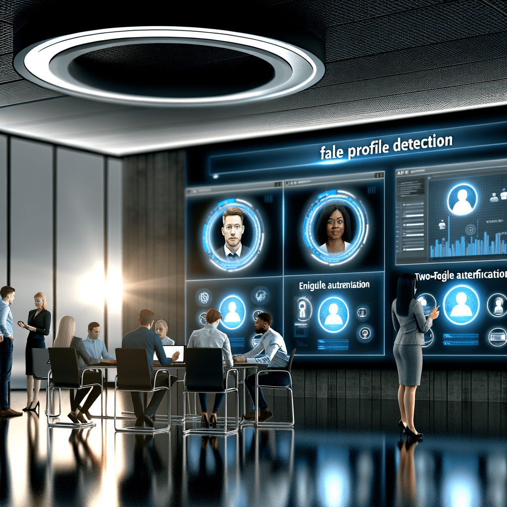 Equipe em escritório moderno analisando dashboards de redes sociais para detectar perfil falso, com foco em segurança digital.