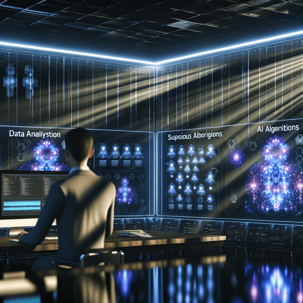 Sala futurista com hologramas exibindo análise de dados e padrões de atividade suspeita, destacando investigação de perfil falso.