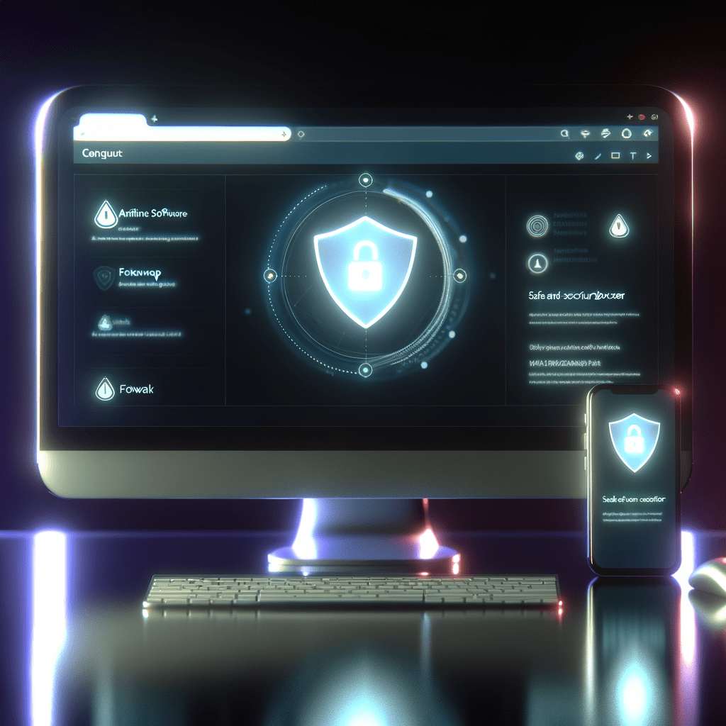Tela de computador com ícone de escudo, notificações de segurança e smartphone com app de proteção, destacando como saber se o site é falso.