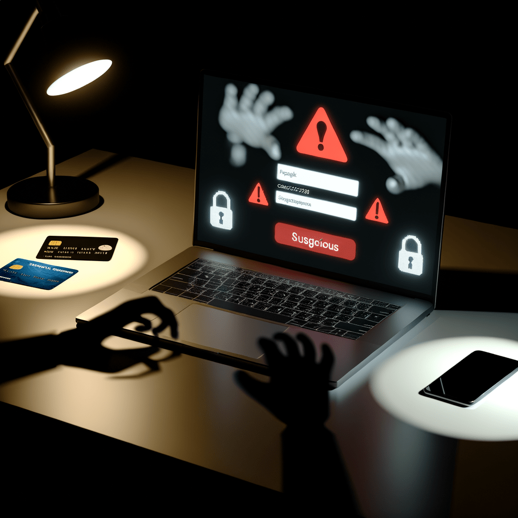 Página de login suspeita em laptop com ícone de cadeado vermelho e mãos sombrias, destacando riscos de sites falsos.