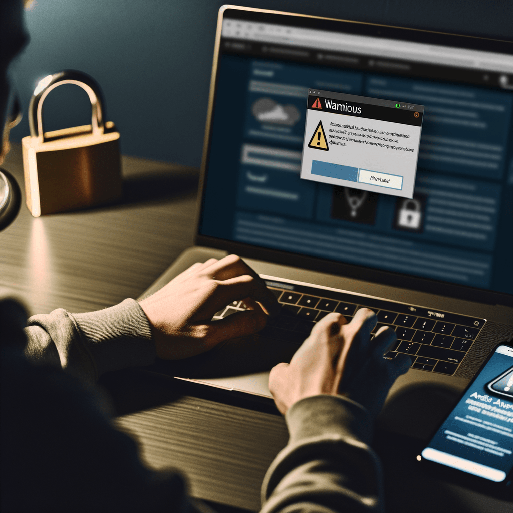 Usuário em laptop com site suspeito e alerta de segurança, smartphone ao lado com notificação de atualização de antivírus.