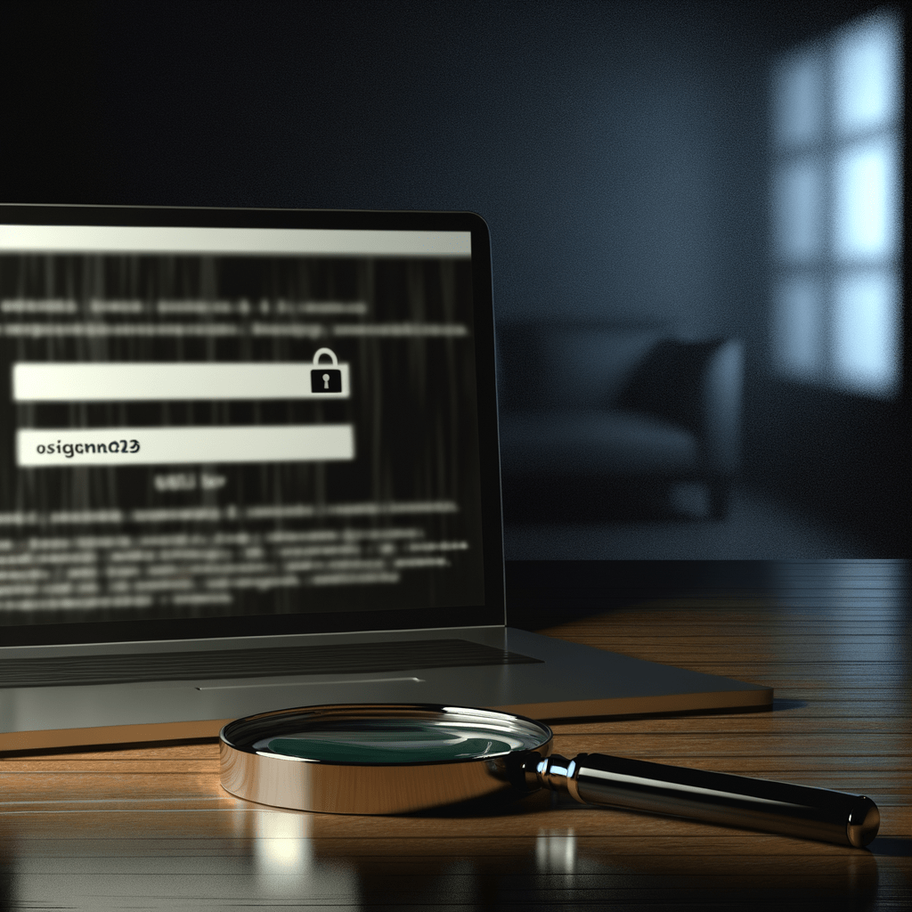 Laptop com site suspeito aberto, mostrando erros no login e lupa destacando URL; ambiente escuro e investigativo.