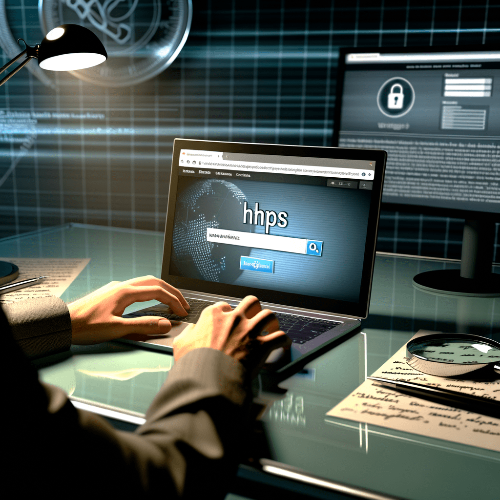 Pessoa analisando site no laptop com ícone de cadeado e 