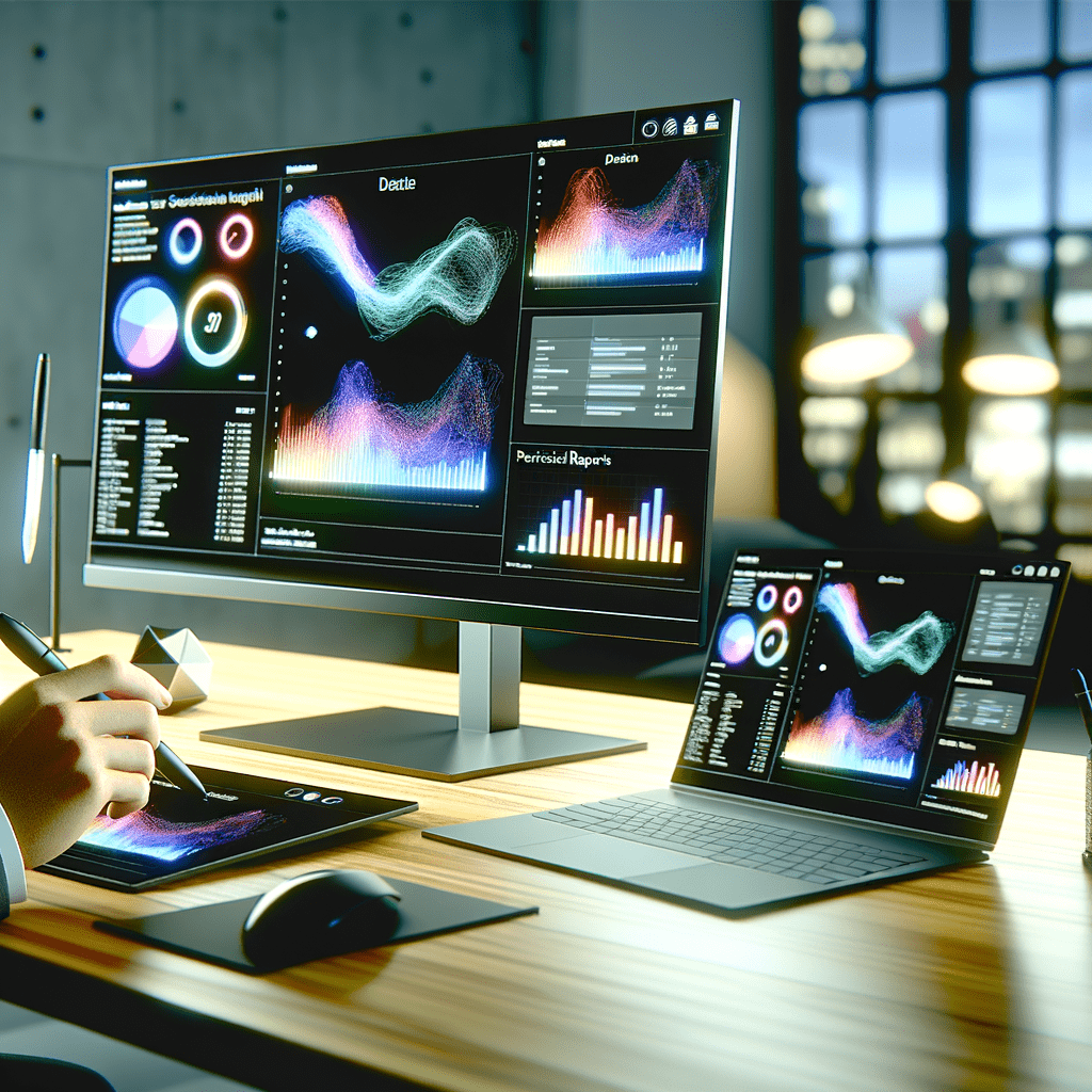 Desk with dual monitors showing KPI dashboards, laptop with report, and hand using tablet for data analysis in a professional office setting.