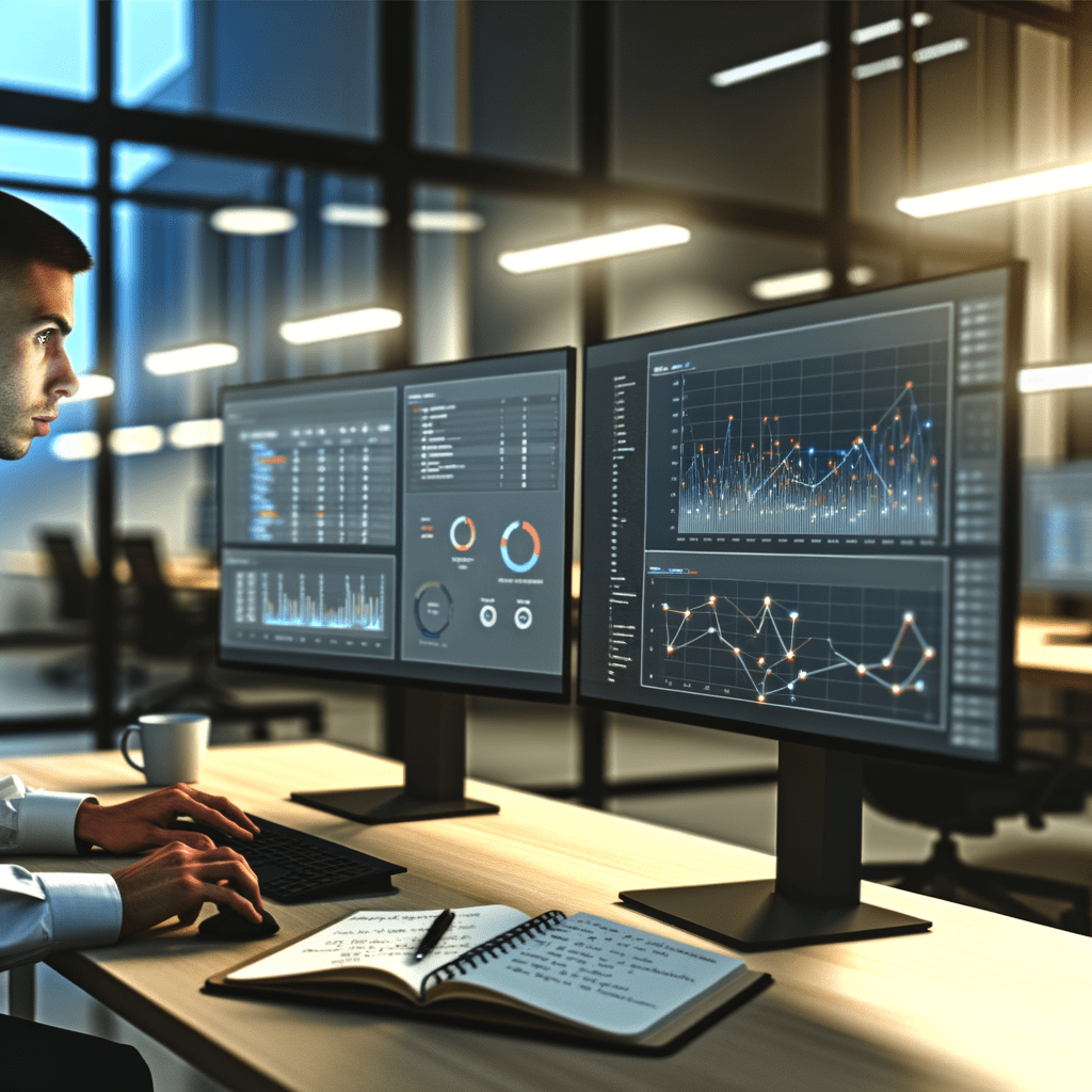 Analista em escritório moderno revisando gráficos de tendências e painel de métricas KPI em dois monitores.