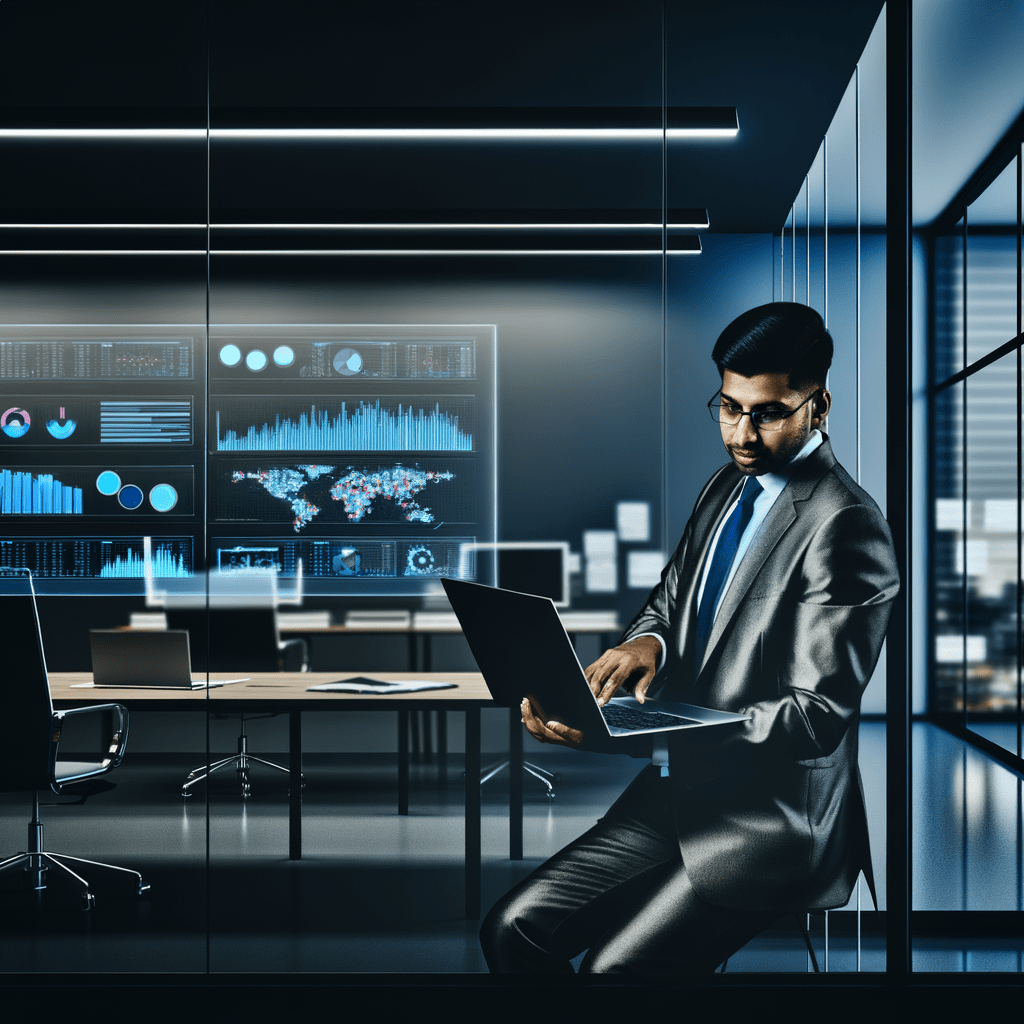 Profissional analisando KPIs em laptop, com gráficos digitais coloridos em tela grande em ambiente de escritório moderno.