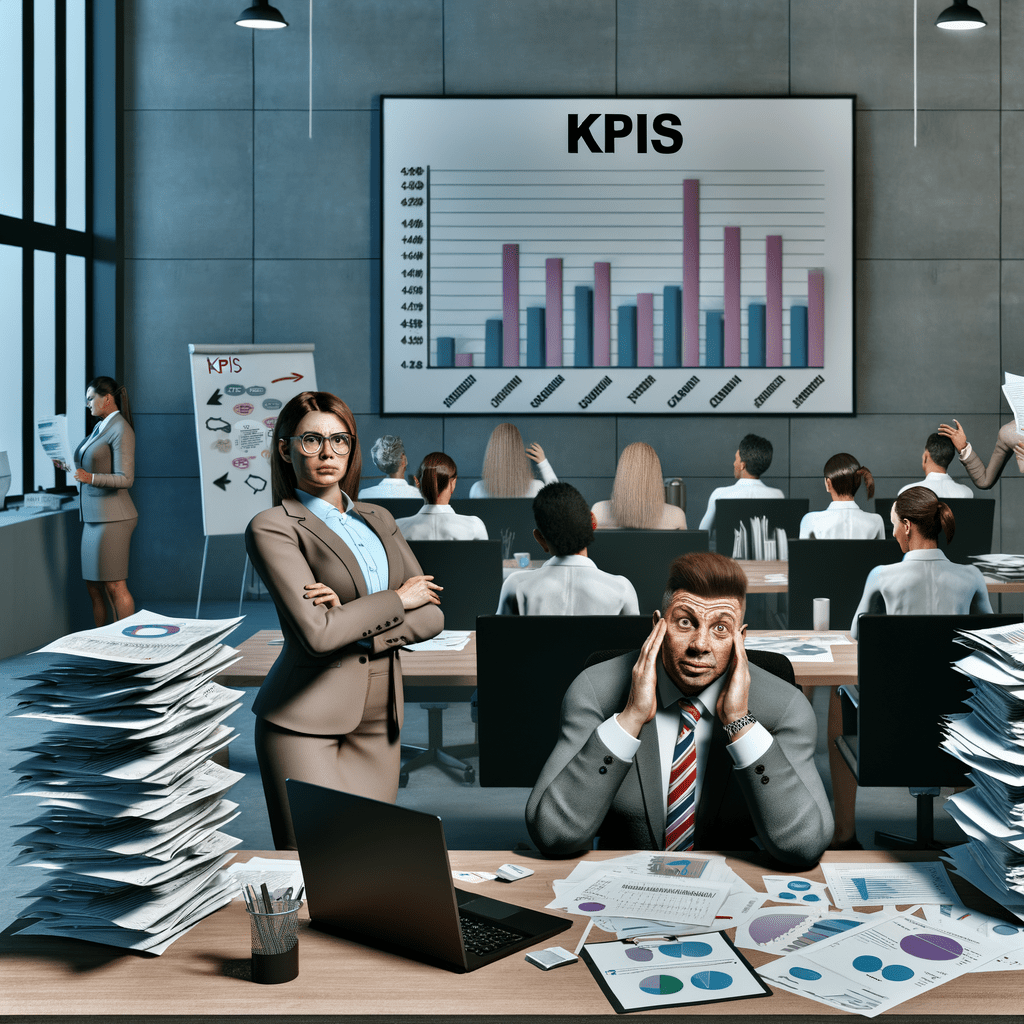 Profissional frustrado em escritório desorganizado com KPIs riscados no quadro branco, destacando confusão e falta de foco.