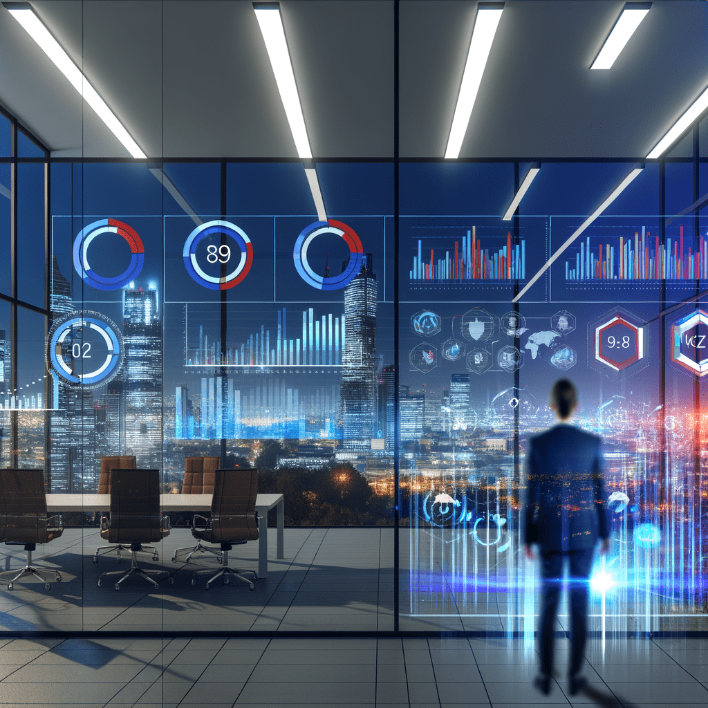 Profissional analisando KPIs em hologramas de gráficos e dados em escritório moderno com vista para cidade futurista iluminada.