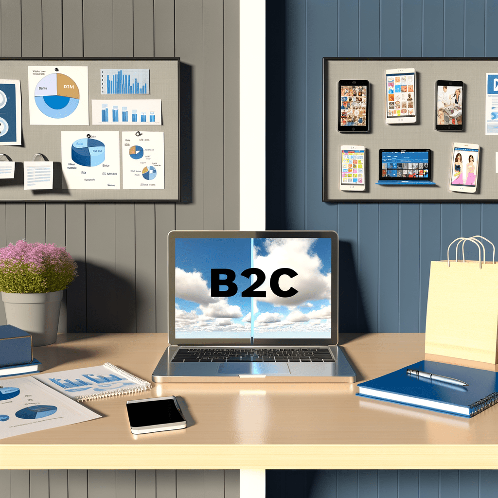Mesa de escritório dividida com elementos B2B, como CRM e gráficos, e B2C, como app de varejo e produtos coloridos.
