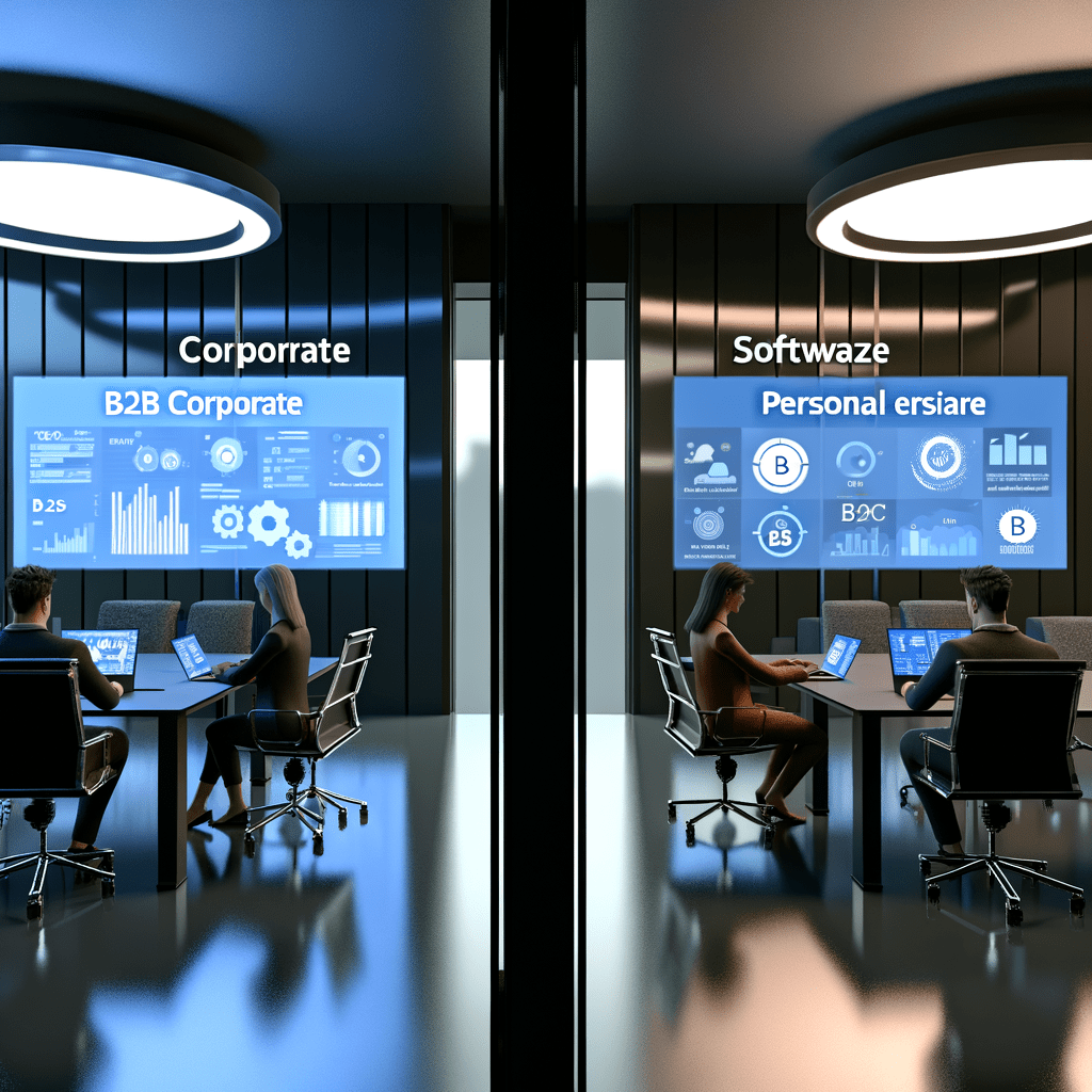 Ambiente de escritório moderno mostrando colaboração B2B com software corporativo e uso individual B2C em tablet, conectados por dados.