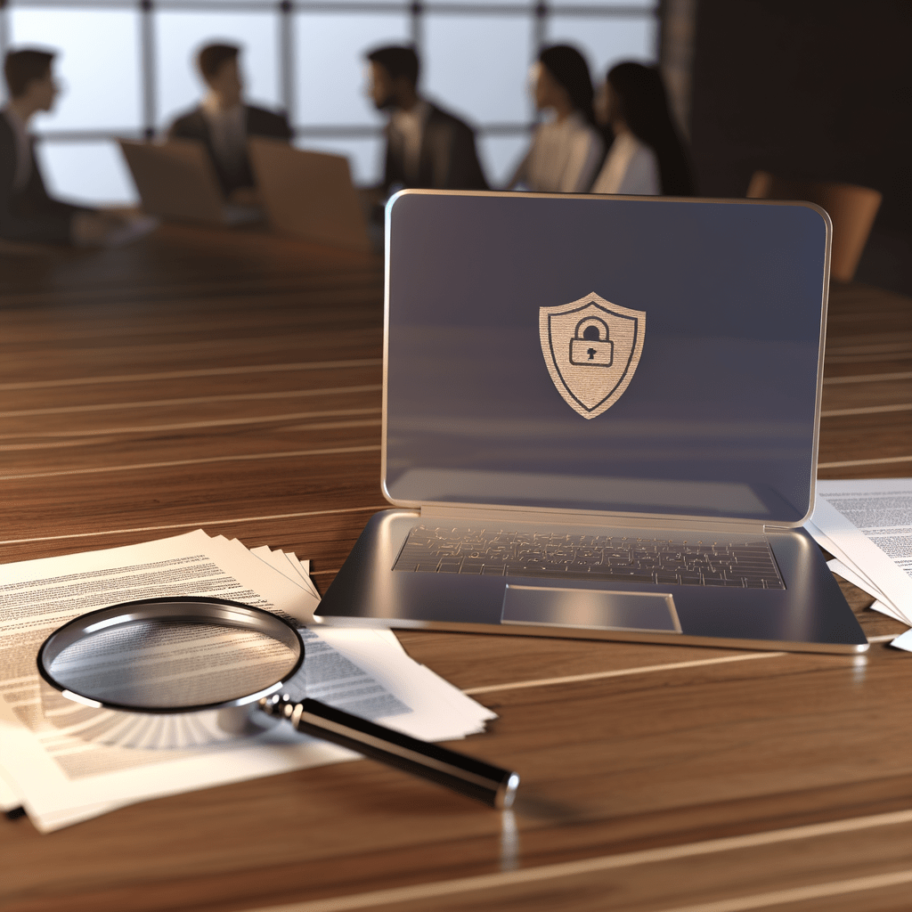 Laptop with brand logo on desk surrounded by legal documents, magnifying glass, and shield icon, symbolizing brand bidding strategy.