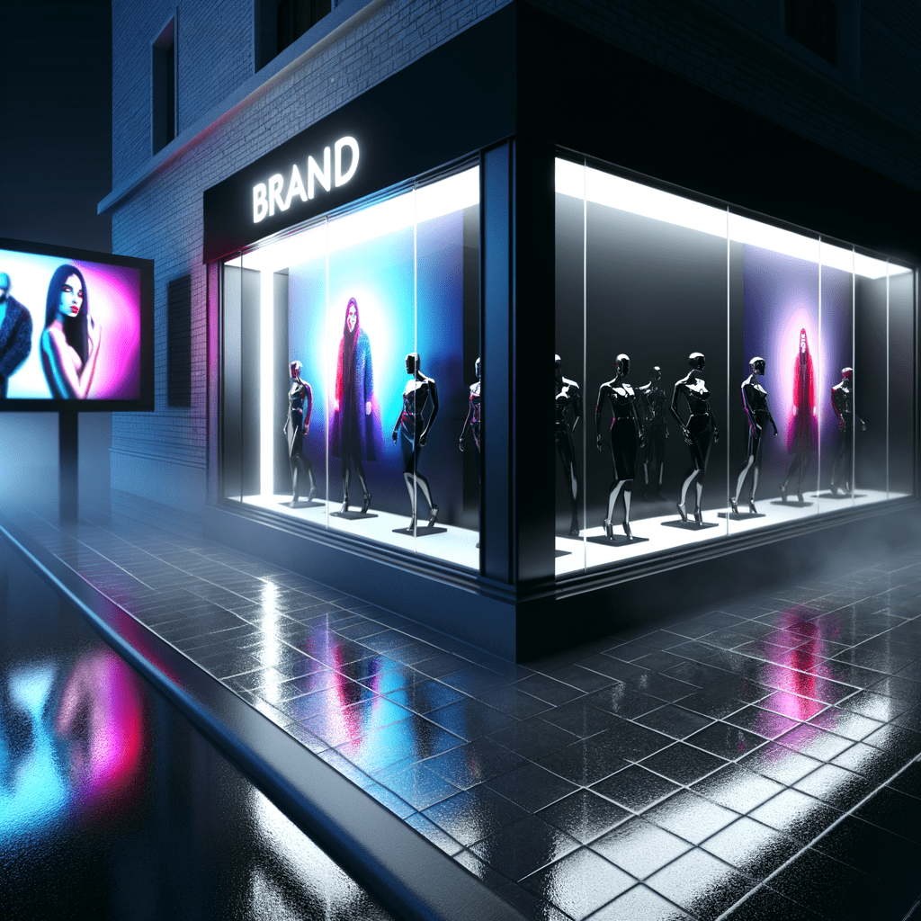Boutique iluminada com letreiro neon destacando a marca, enquanto anúncios rivais competem em outdoors ao redor.