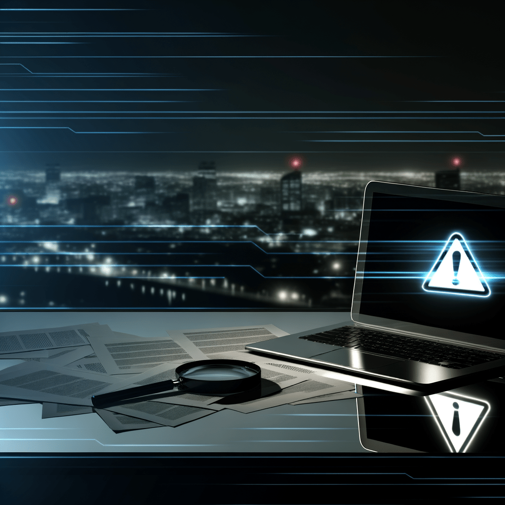 Laptop with warning symbol on desk, documents, magnifying glass, and digital security icons, highlighting online brand protection.