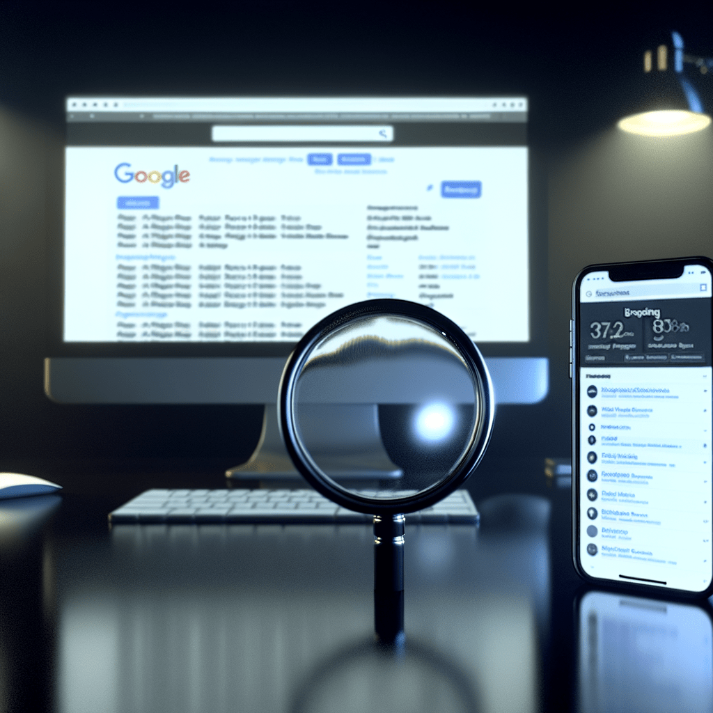 Tela de busca com lupa destacando palavras-chave de marca, simbolizando monitoramento de brand bidding, com smartphone exibindo análise digital.