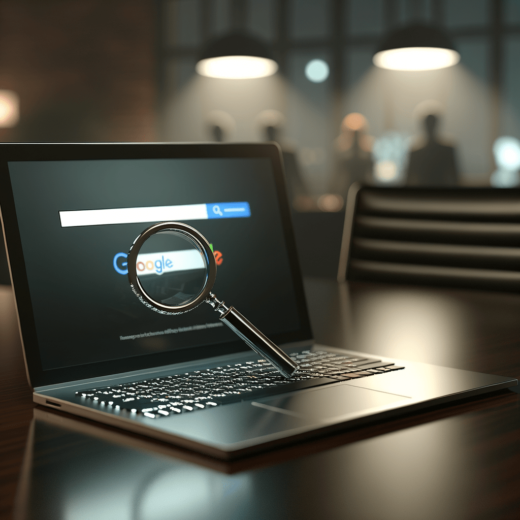 Laptop showing search engine with magnifying glass over brand logo, highlighting online brand protection against threats.
