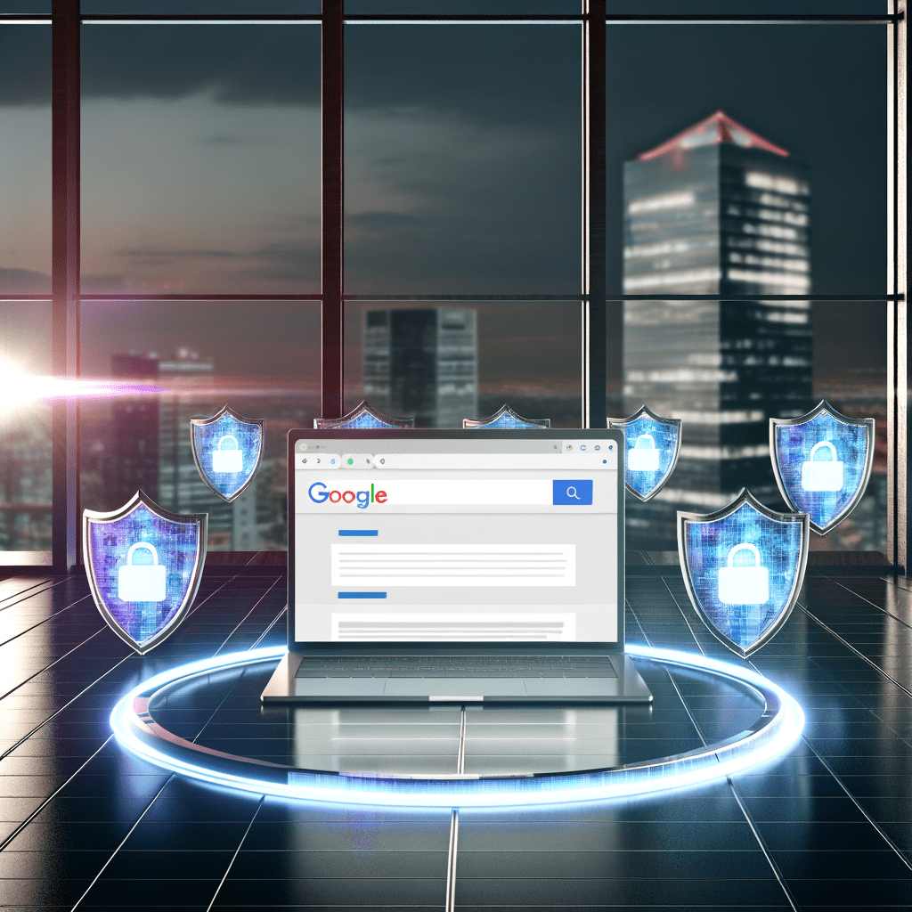 Laptop showing search results with holographic shields symbolizing online brand protection, city skyline in the background.