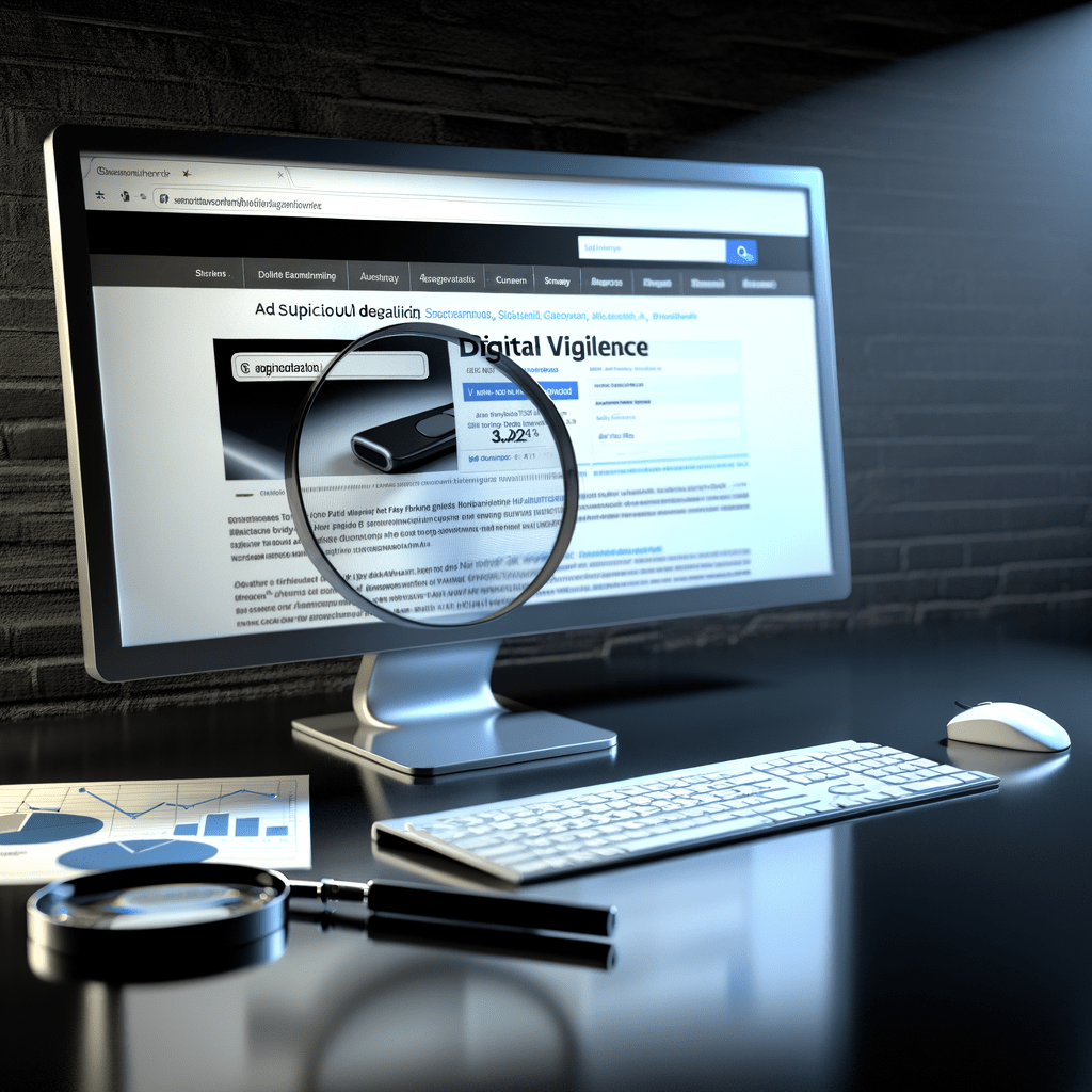 Tela de computador exibindo resultados de busca com anúncio suspeito destacado, cercado por gráficos e ferramentas analíticas.