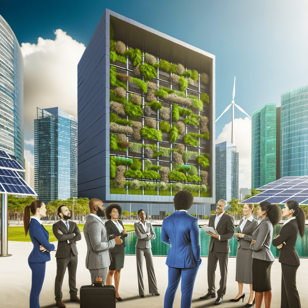 Arranha-céu sustentável com jardins verticais, turbinas eólicas, painéis solares e profissionais discutindo ESG em ambiente urbano.