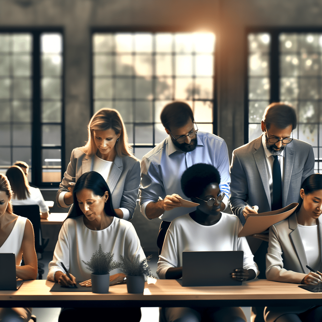 Profissionais diversos colaborando em escritório moderno, destacando inclusão, trabalho em equipe e valores ESG.