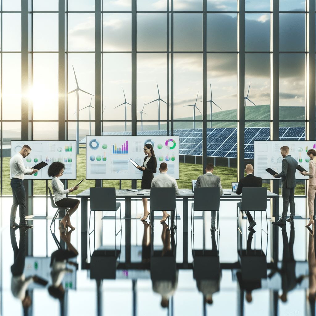 Equipe diversa em escritório moderno analisando relatórios de sustentabilidade, com cidade verde ao fundo e turbinas e painéis solares visíveis.