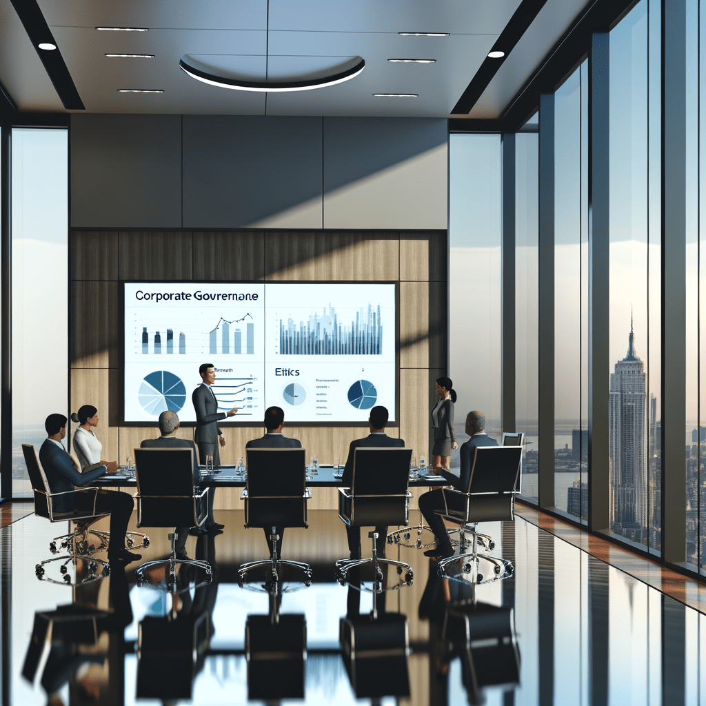 Executivos diversos discutindo métricas ESG em sala moderna com vista urbana, destacando transparência e governança ética.