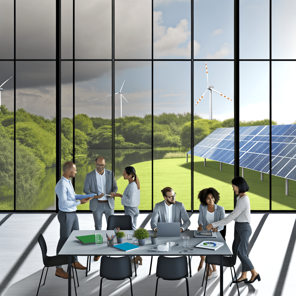 Profissionais diversos colaborando em escritório sustentável com vista para parque verde, destacando energia solar e turbina eólica ao fundo.
