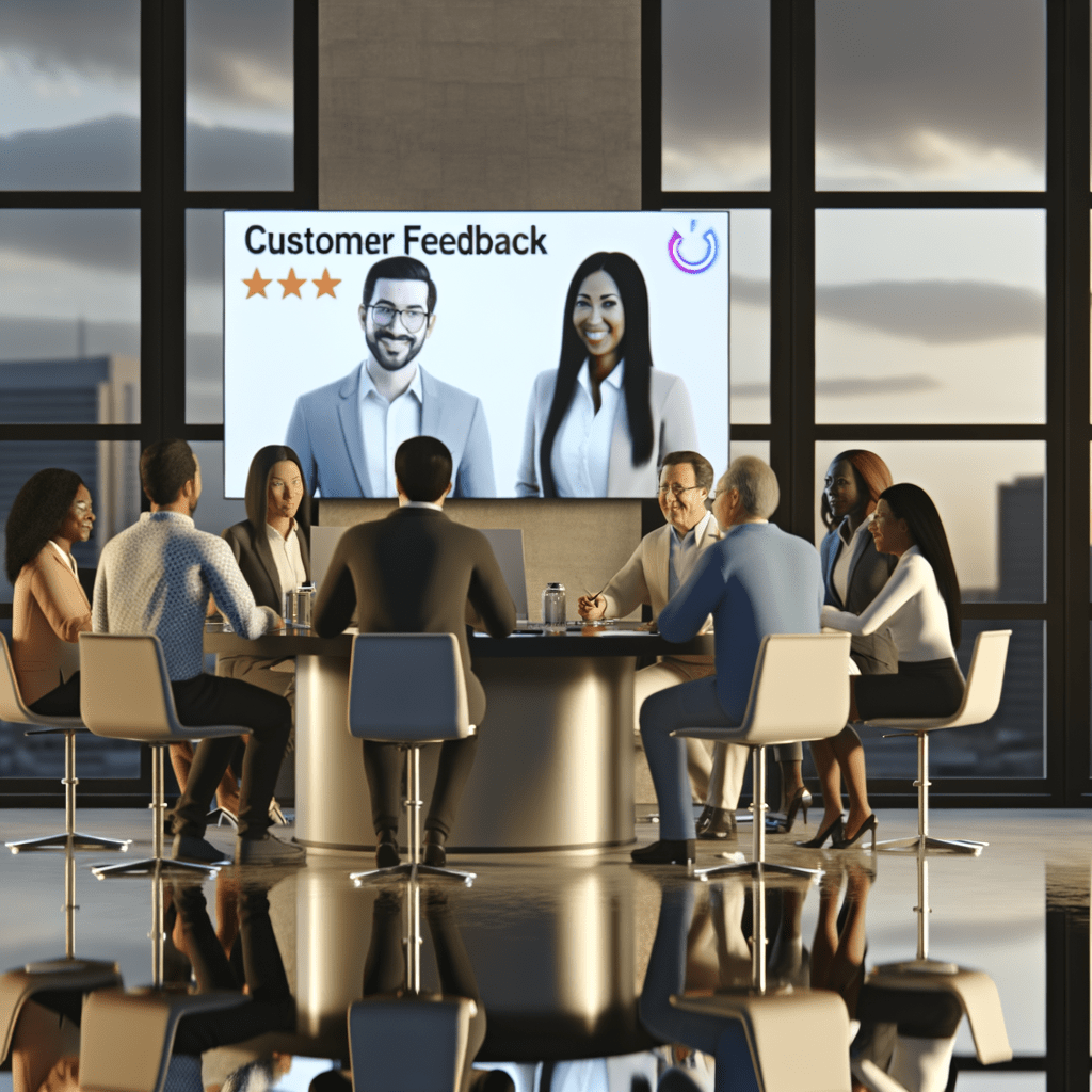 Equipe diversa analisando dados de feedback de clientes em tela digital, com cliente satisfeito em videochamada ao fundo.