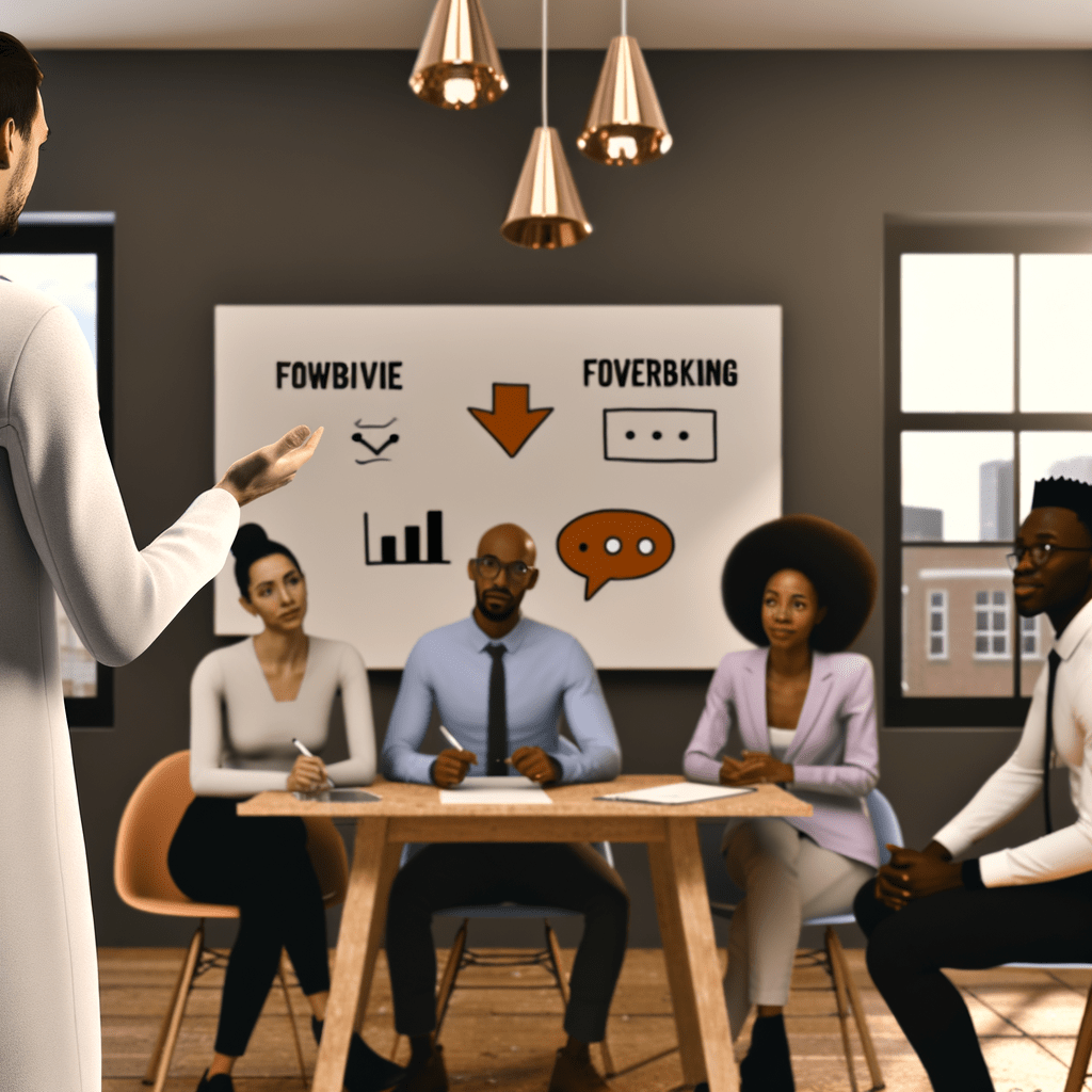 Sessão de feedback em escritório moderno com equipe diversa, ideias no quadro branco e interação respeitosa, destacando aprendizado.