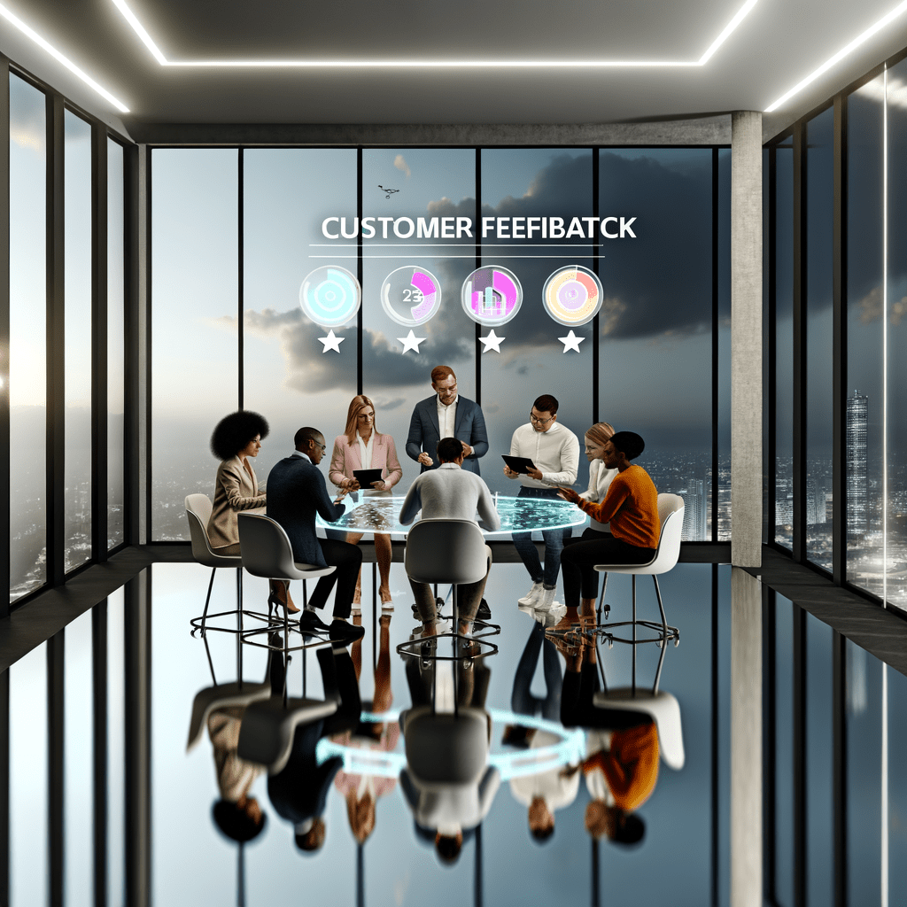 Profissionais diversos analisando feedback de clientes em tablets e papéis, com gráficos holográficos e cidade futurista ao fundo.
