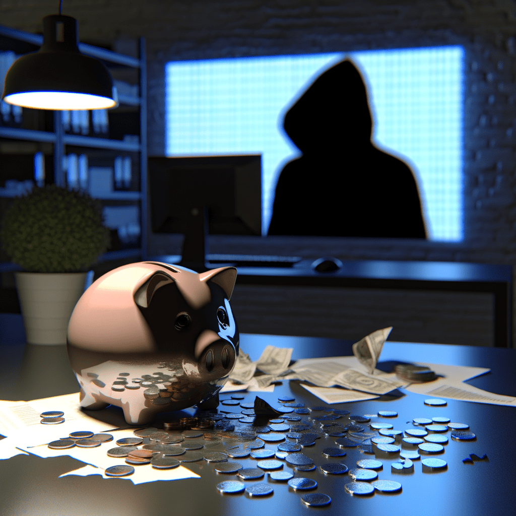 Cofre quebrado em mesa de escritório, moedas espalhadas e figura sombria em tela de computador, simbolizando fraude de afiliados.