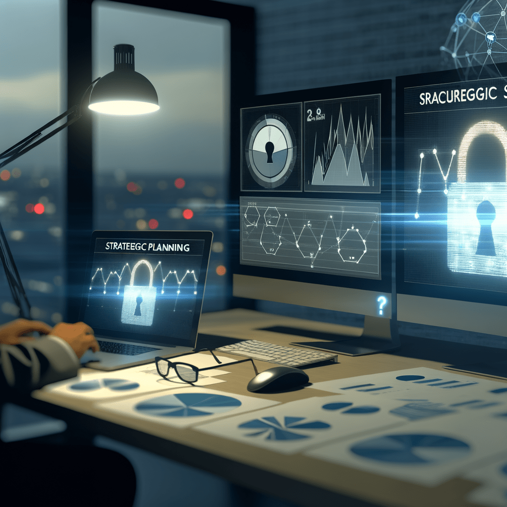 Especialista em cibersegurança analisando dados sobre fraude de afiliados em telas com gráficos, ferramentas de monitoramento e ícone de cadeado.