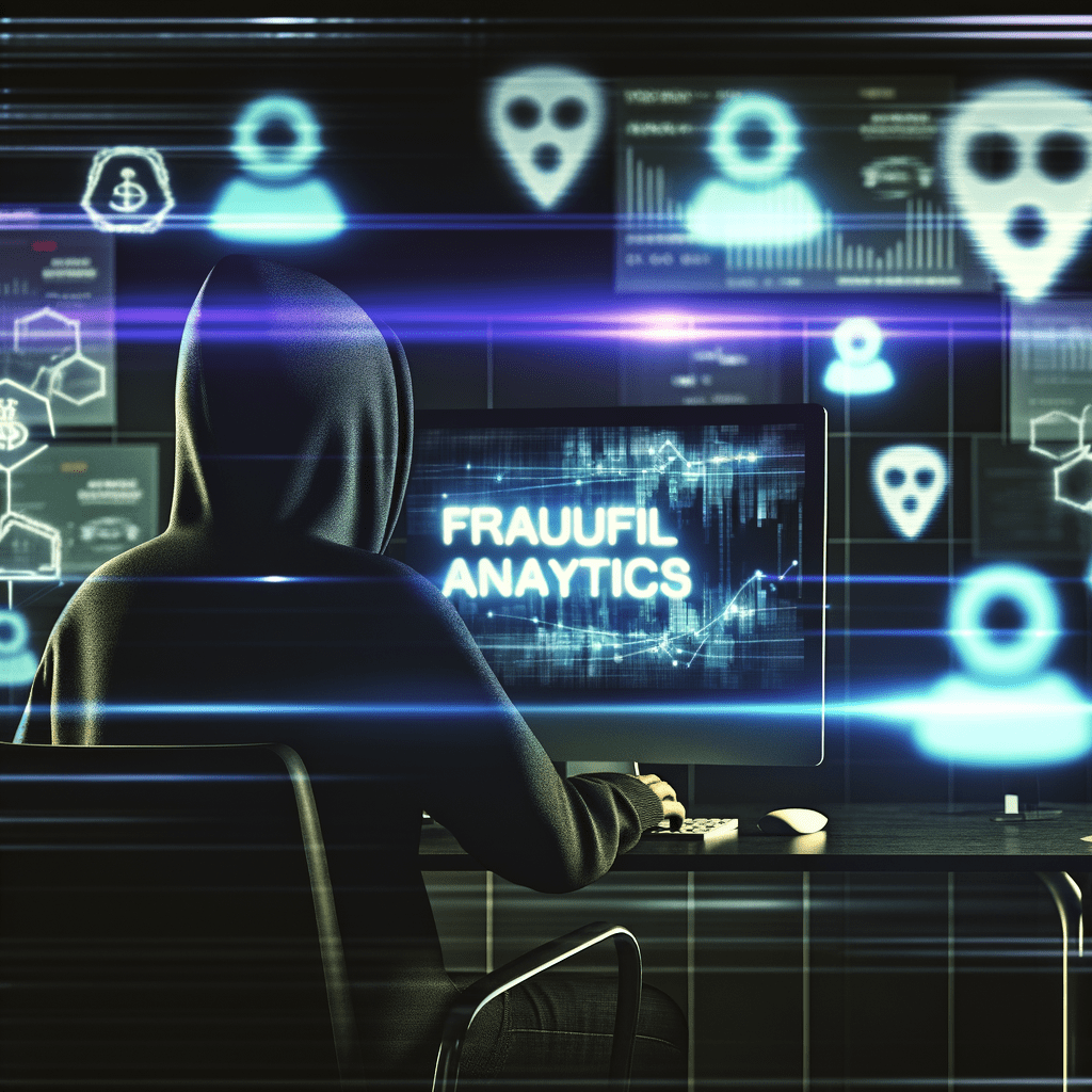 Hacker de capuz em escritório moderno analisando dados fraudulentos, cercado por ícones de bots e contas falsas. Tema: fraude de afiliados.