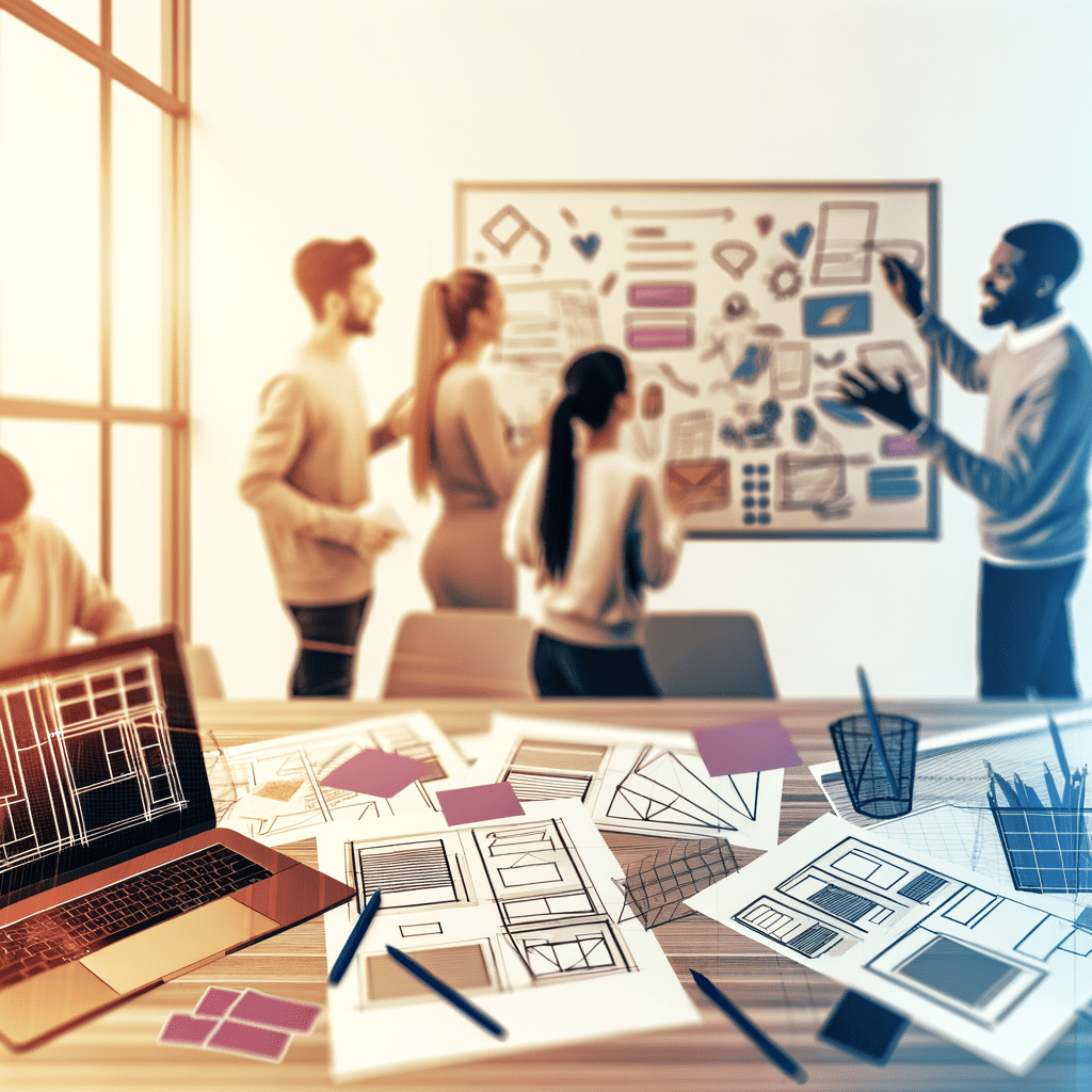 Equipe colaborando em um MVP, com quadro branco cheio de esboços, laptop com wireframe e documentos de pesquisa na mesa.