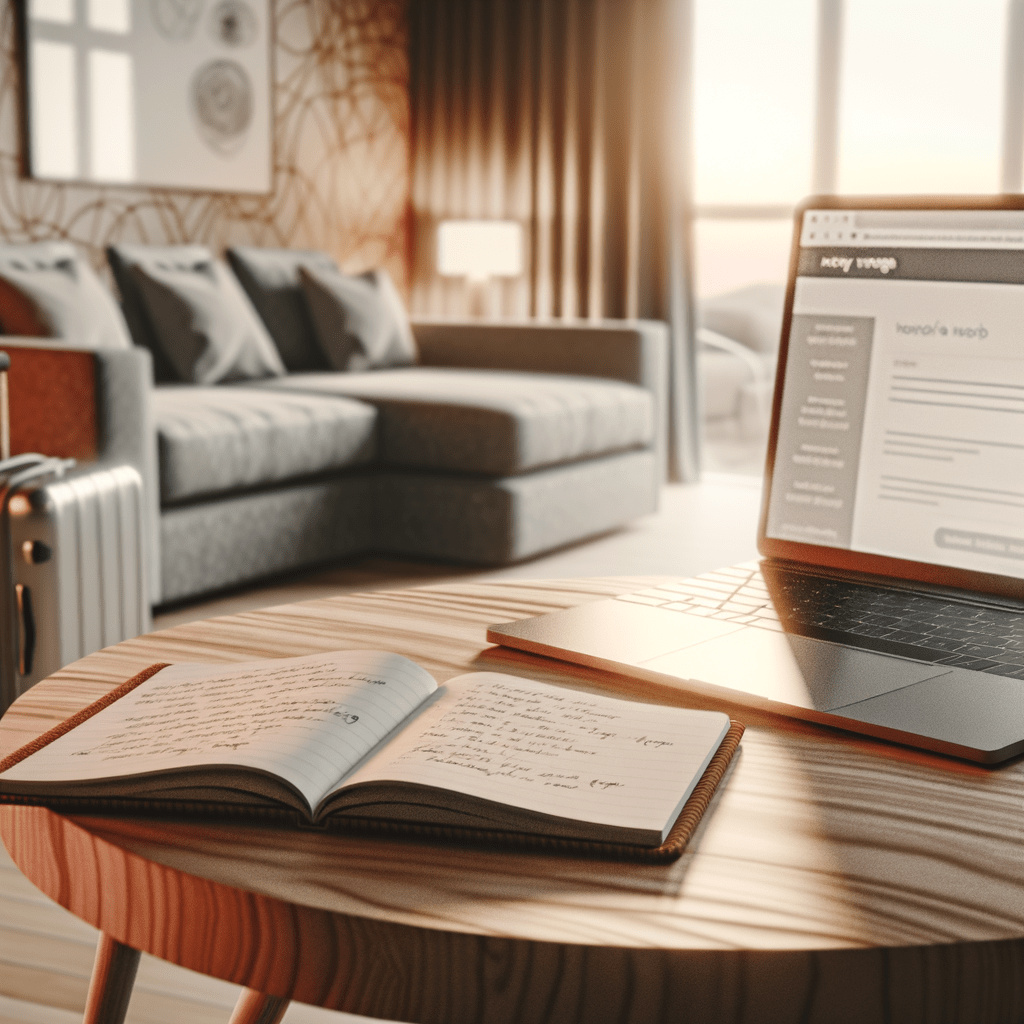 Sala moderna iluminada com laptop exibindo interface de site simples, ao lado de caderno com ideias, sugerindo criação de MVP para home-sharing.