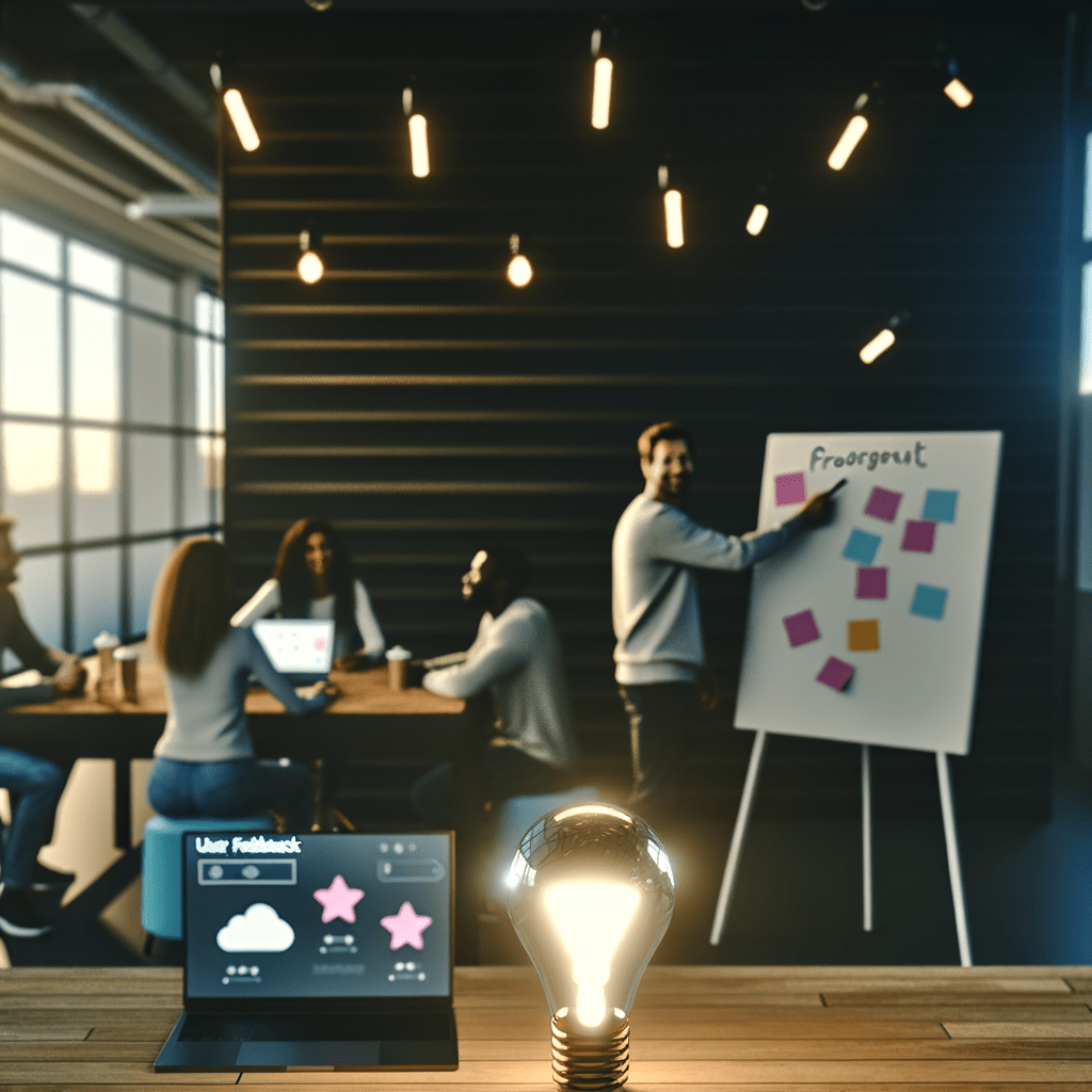 Equipe de startup colaborando em torno de protótipo de produto no quadro branco, com laptop exibindo feedback de usuários; foco em inovação e MVP.