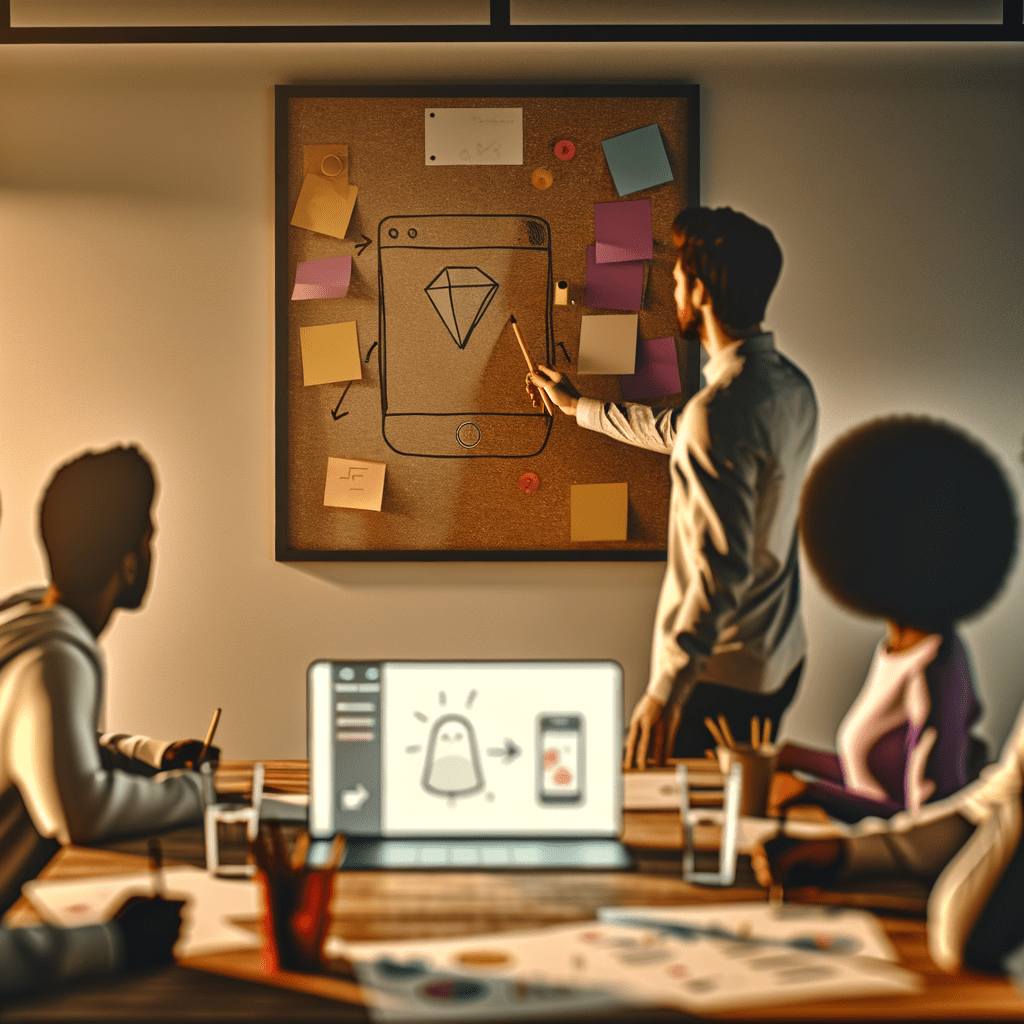 Equipe de startup discutindo MVP em frente a quadro branco com protótipo, laptop exibindo app minimalista e notas adesivas ao redor.