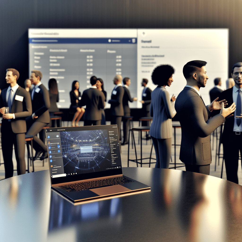 Profissionais em evento corporativo discutindo modelo de negócio B2B com laptop exibindo dados e tela ao fundo com webinar.
